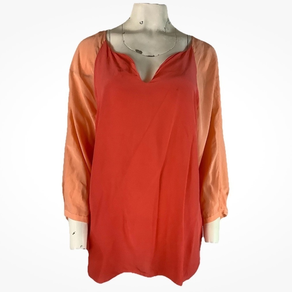 Eileen Fisher Sz L 100% Silk Colorblock Pullover Tunic Top Pink Orange Travel